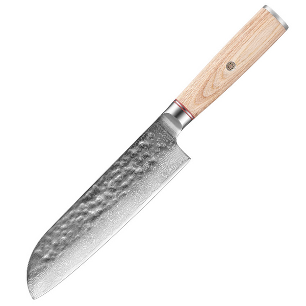 Kiru Shogun chef knife showing Damascus-pattern blade and hammered spine